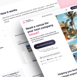 Redesigned RetreatsAndVenues web platform showcasing an Airbnb-like interface for discovering and booking corporate retreat venues worldwide.