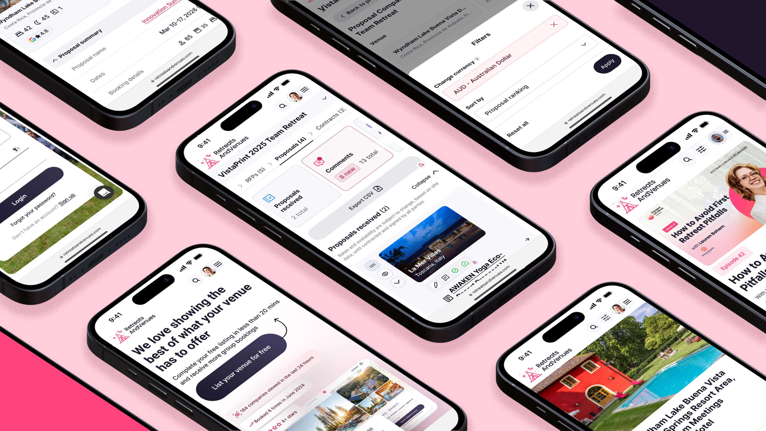 RetreatsAndVenues mobile app interface showcasing proposal management, venue comparisons, filters, and booking workflows for corporate retreats.