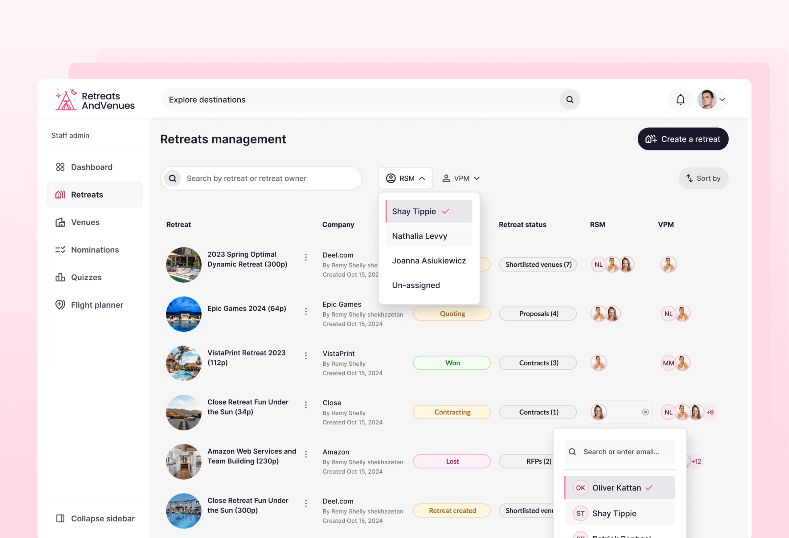 RetreatsAndVenues internal admin dashboard used by teams to manage corporate retreats, proposals, assignments, and booking statuses.