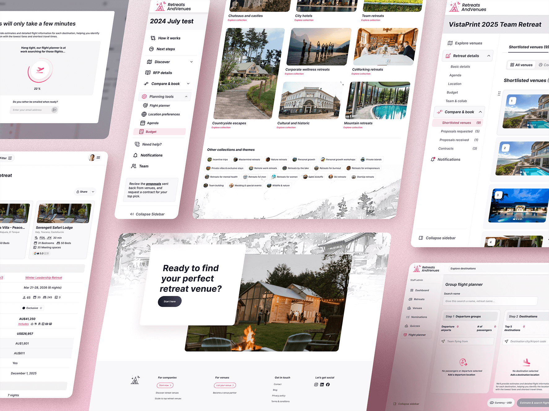 RetreatsAndVenues web app interface showcasing venue discovery, planning tools, and comparison flows for booking corporate retreat venues.